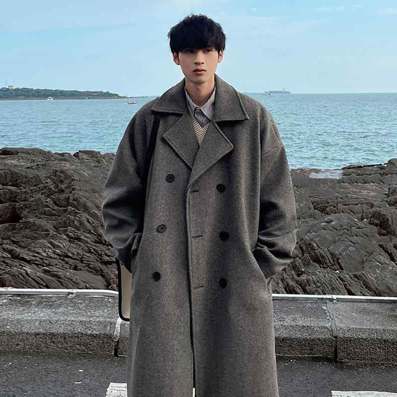 Jumper, Blouson - 大衣 メンズ 男性用 ウール ミドル丈 秋冬 韓国風 ゆったり 厚手 ポリエステル ブラック グレー 普段使い
