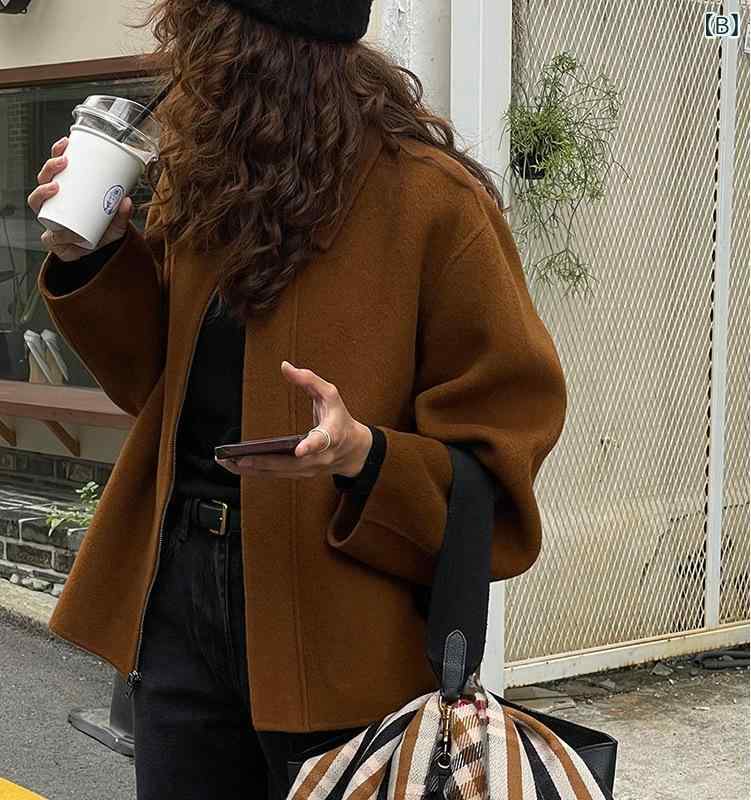 コート レディース 秋冬 法式 レトロ アウター 翻襟 ゆったり 体型カバー ウール ポリエステル 無地 黒 茶 灰色 きれいめ 上品 エレガント 通勤 デート 3