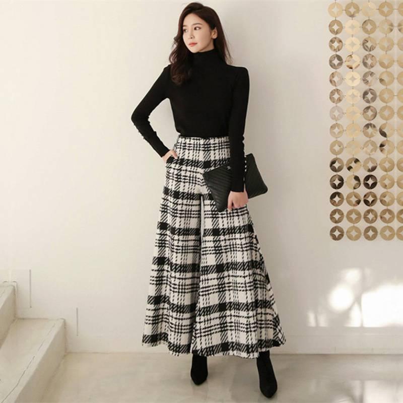 パンツ レディース 千鳥格子柄 ワイドパンツ 秋冬 毛混紡 高見え 通勤 きれいめ オフィス カジュアル スラックス ズボン ボトムス 黒 ブラック系