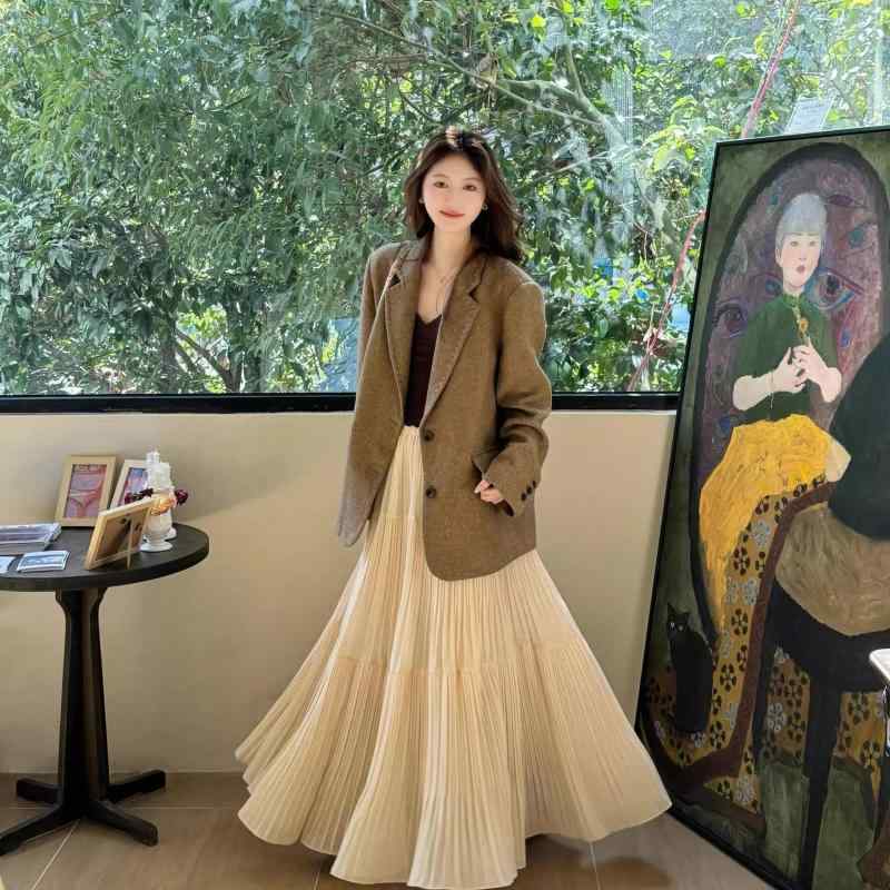 ワンピース レディース 春夏 セットアップ 韓国風 スーツジャケット Aラインスカート ポリエステル 無地 長袖 膝下丈 ロング丈 ゆった..
