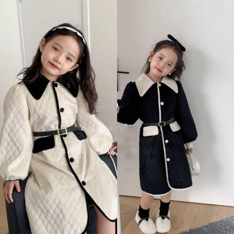 Girls' One-Piece Dress, Autumn/Winter, Corduroy, A-line, Long Sleeves, Apricot, Black, Cotton Lining, Ages 3, 4, 5, 6, 7, 8