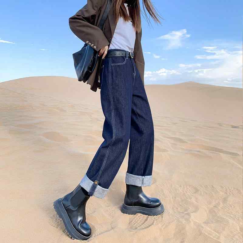 ジーンズ レディース 大きいサイズ 高見え デニムパンツ 秋冬 裏起毛 ハイウエスト ゆったり ストレート ワイドレッグパンツ ダークブルー ジーパン 着痩せ 美脚