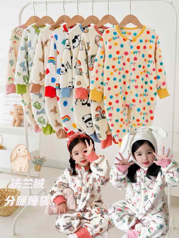 ベビー服 子供用 フランネル 分離型スリーパー 寝袋 パジャマ ロンパース 防寒 部屋着 かわいい 春(x2)