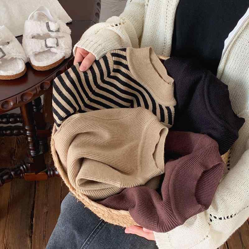 乐天商城 - 子供服 ニット セーター 秋冬 男の子 女の子 無地 スリム 伸縮性 ハーフハイネック トップス ベージュ ストライプ ブラウン ブラック 80 90 100 110 120 130