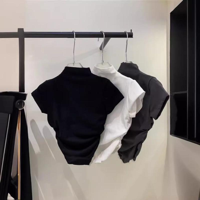 子供服 Tシャツ 女の子 半袖 高襟 コットン 修身 インナーシャツ 無地 白 黒 グレ...