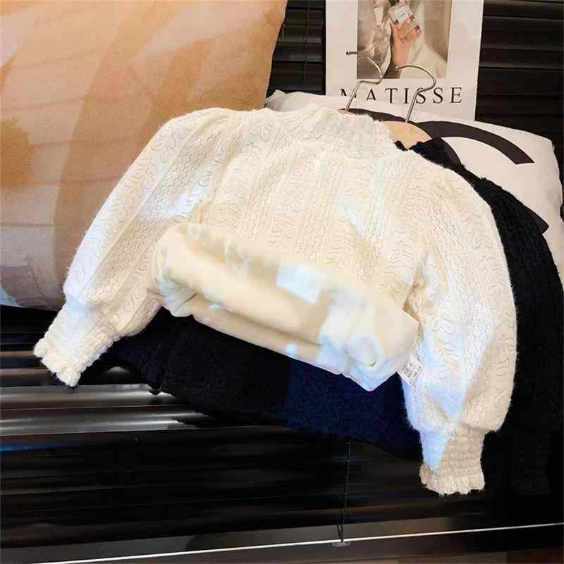 Sweater - 子供服 女の子 レース トップス 長袖 カットソー 裏起毛 ハイネック 秋冬 かわいい ガールズ キッズ コットン混紡 普段着
