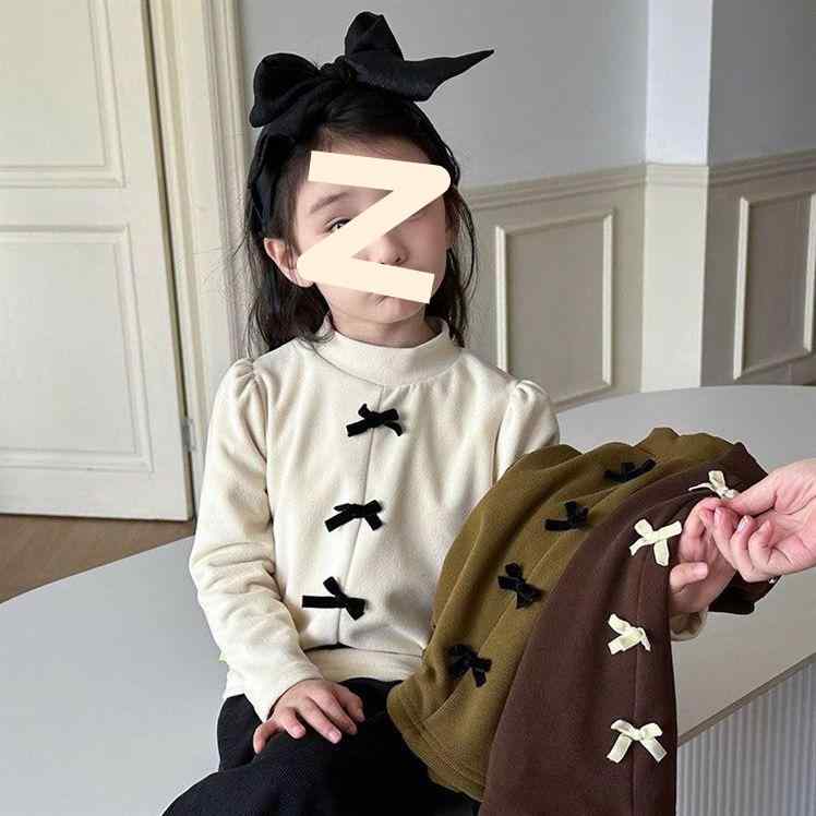子供用トップス ガールズ カットソー 長袖 Tシャツ 裏起毛 あったかインナー ハーフネック 蝶結び 無地 ゆったり かわいい 秋冬 ベージュ系 グリーン系 ブラウン系