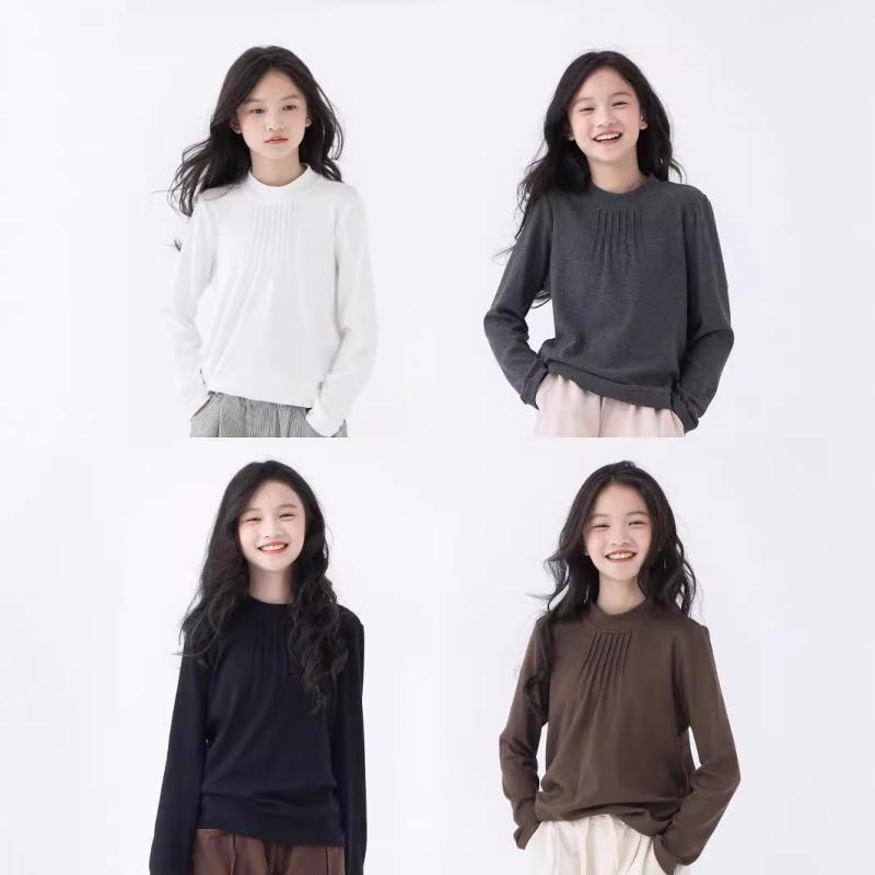 子供服 Tシャツ ガールズ 長袖 トップス 秋冬 綿100% インナーシャツ カットソー 無地 普段着 レイヤード かわいい 高学年 女児 女の子 120 130 140 150 160 170 ホワイト ブラック グレー コーヒー色