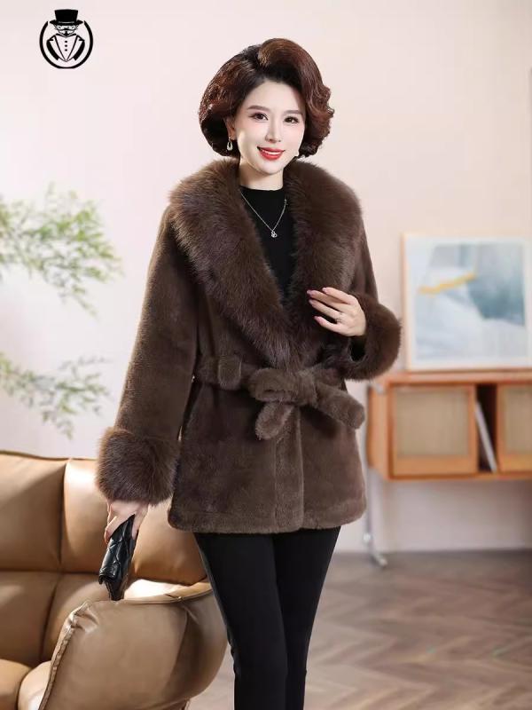 コート レディース ミセス フェイクファー ブラウン ホワイト ブラック Vネック 長袖 暖かい 厚手 ウエストベルト付き 通勤