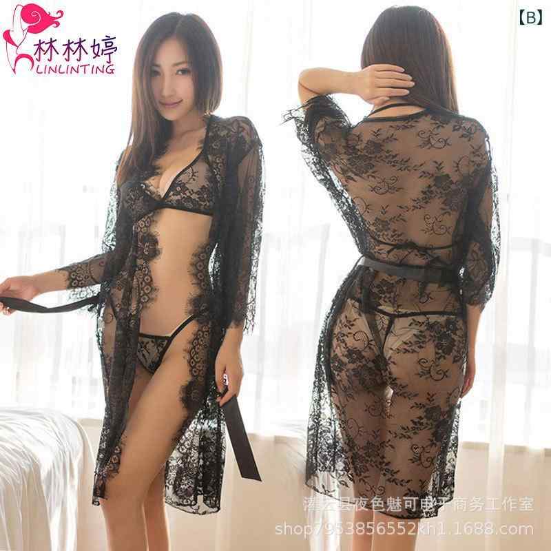 ランジェリー レディース セクシー エレガント 前開き ロングワンピース ネグリジェ 極薄 透け感 総レース スパンデックス 欧米風 オープンバスト かわいい 白 黒 フリーサイズ