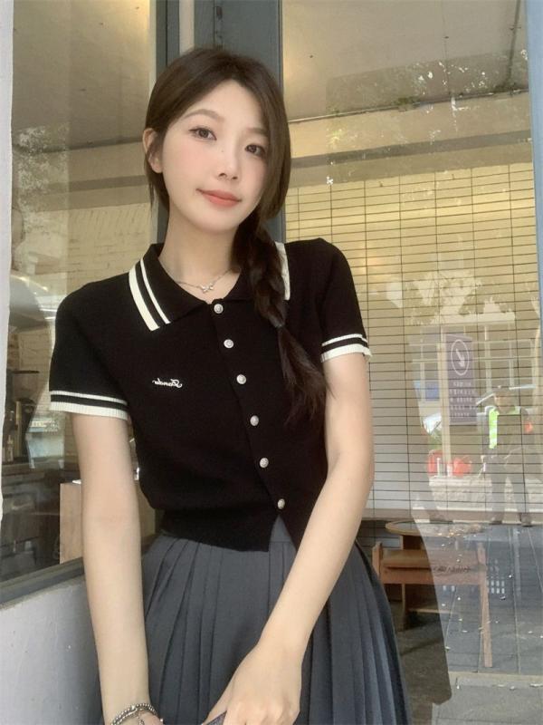 Tシャツ レディース ポロ襟 半袖 ニット トップス カットソー 配色 学院風 清新 かわいい ショート丈 羽織り 通勤 通学 普段使い ブラック系