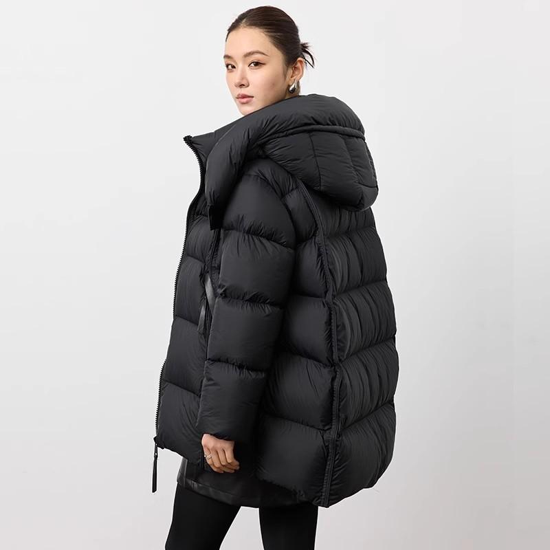 羽绒服 レディース ダウンジャケット フード付き グースダウン ゆったり 厚手 ミドル丈 ブラック 黒 グレー 灰色 韓国風 カジュアル 秋..