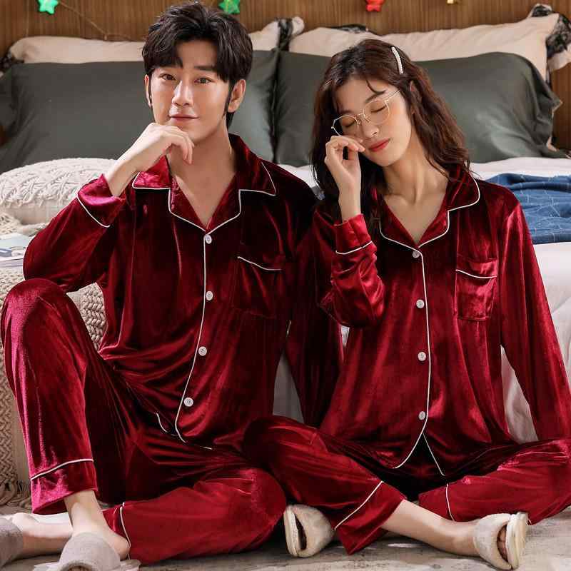 Men - パジャマ レディース メンズ 秋冬 上下セット 夫婦 ペアルック ベルベット 長袖 襟付き ルームウェア 寝間着 大きいサイズ ゆったり 伸縮性 保温性 高級感 赤