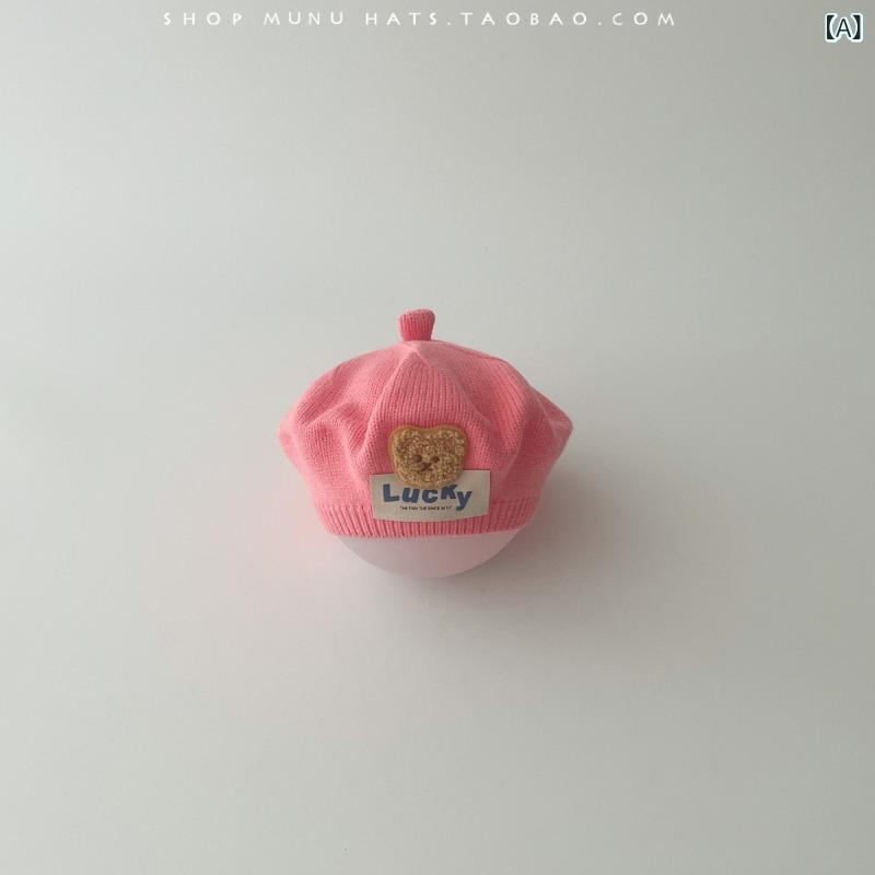 ベビー 帽子 秋冬 ベレー帽 小熊 くま 毛糸 ニット帽 穿搭 画家帽 南瓜帽 防寒 保...