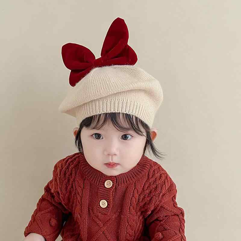 ベビー 帽子 秋冬 毛糸 ベレー帽 韓国風 リボン 女の子 赤ちゃん ニット 八角帽 かわいい カボチャ帽 防寒 保温 普段使い