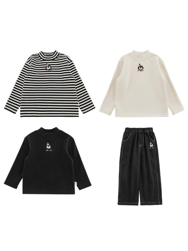 Tシャツ 男児 ベビー キッズ カートゥーン ペンギン ハーフ ハイネック デニム パンツ 厚手 上下セット 冬