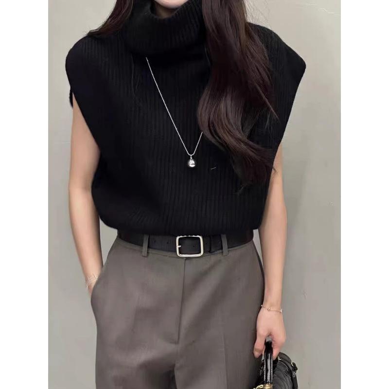 Rakuten - ニット トップス レディース 秋冬 無袖 セットインスリーブ タートルネック ゆったりシルエット 切り替えデザイン 単色 気質 通勤 普段使い ポリエステル ビスコース 混紡 吸湿速乾 軽量 中厚 グレー系 ブラウン ブラック アイボリー