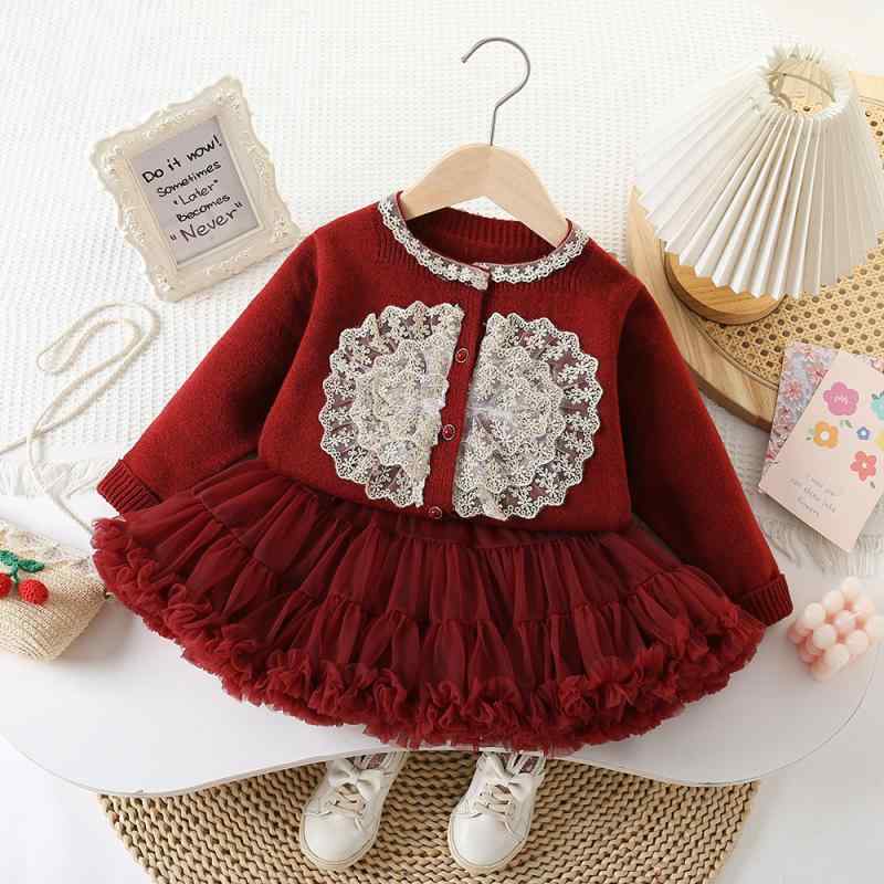 子供服 ニット セーター セットアップ 女の子用 カーディガン チュールスカート 秋冬 長袖 赤色 かわいい 普段使い お出かけ着