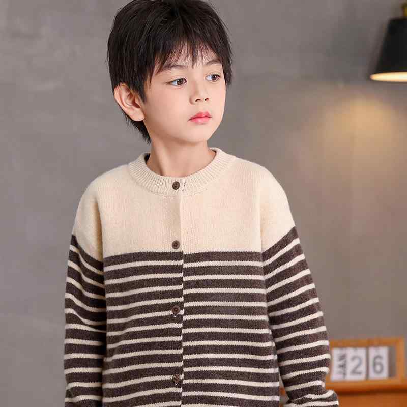 子供服 ニット カーディガン 男の子 ストライプ柄 ウール100% セーター アウター ゆったり カジュアル 普段使い かわいい 110cm 120cm 130cm 140cm 150cm 秋冬