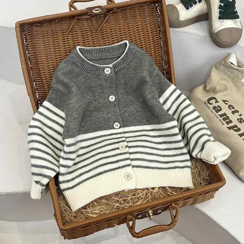 子供服 ニットカーディガン ストライプ柄 ベビー 秋冬 男女兼用 ゆったり 丸首 トップス 韓国風 90cm 100cm 110cm 120cm 130cm 灰色 コーヒー色 柔らかい素材 普段着