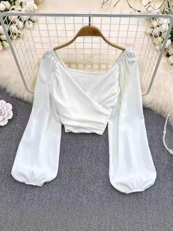 Tシャツ 女性用 春夏 Vネック プリーツ ロングスリーブ 泡泡袖 切り替え ショート丈 クロップドトップ グリーン ホワイト ブラック レ..