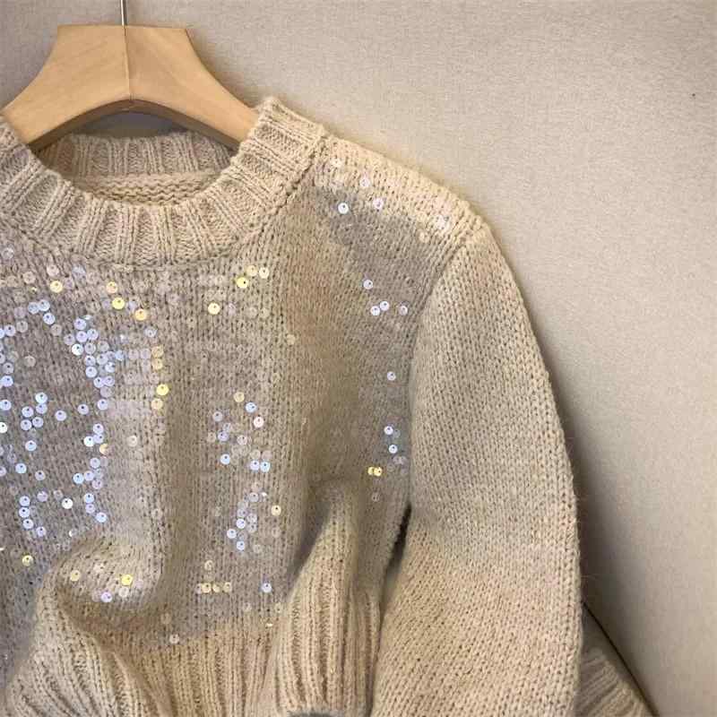 ニット レディース 秋冬 ショート丈 ラウンドネック トップス 長袖 薄手 きれいめ かわいい キラキラ スパンコール プルオーバー セー..