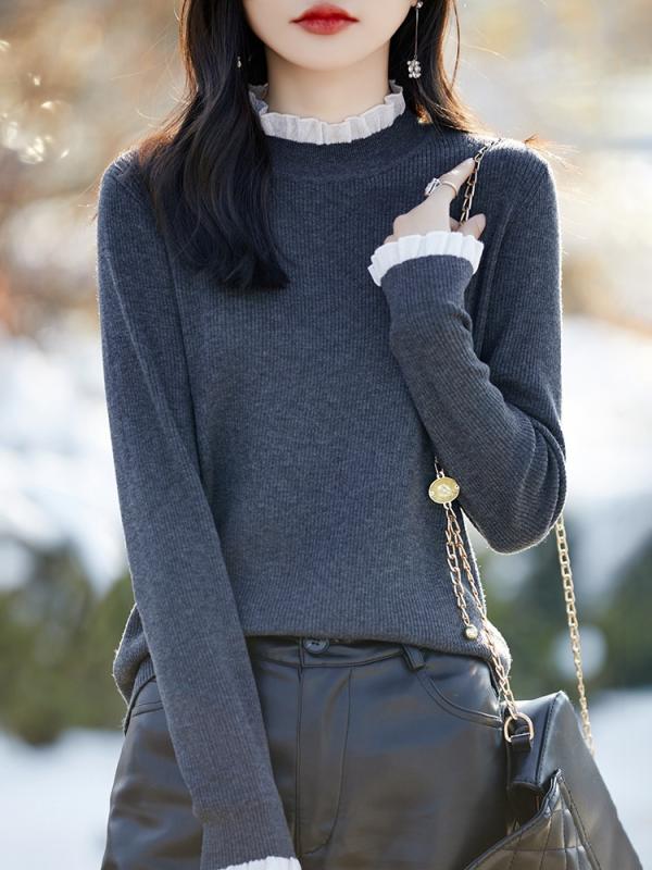 ニット レディース ウール セーター レース 襟付き トップス プルオーバー 無地 スリムフィット 着痩せ 深灰色 酒 красный 黒 米 ベージュ