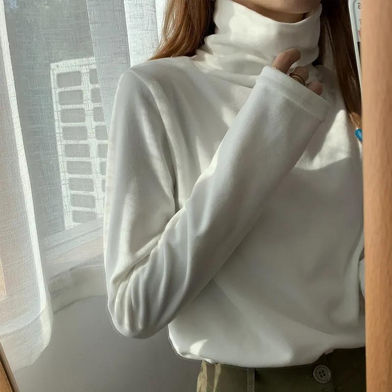 Tシャツ レディース 高品質 徳绒 インナーシャツ 秋冬 長袖 カットソー スリム 高襟 トップス 韓国風 無地 普段使い 通勤 接触冷感 ストレッチ