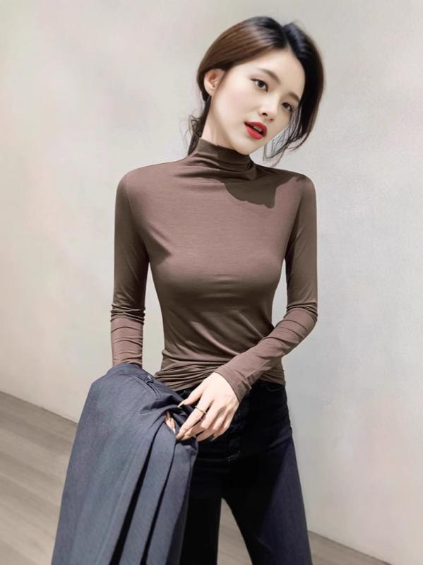 Tシャツ レディース 秋冬 韓国風 長袖 トップス インナー 再生繊維 スリムフィット 高弾力 酒紅色 黒色 コーヒー色 白色 杏色