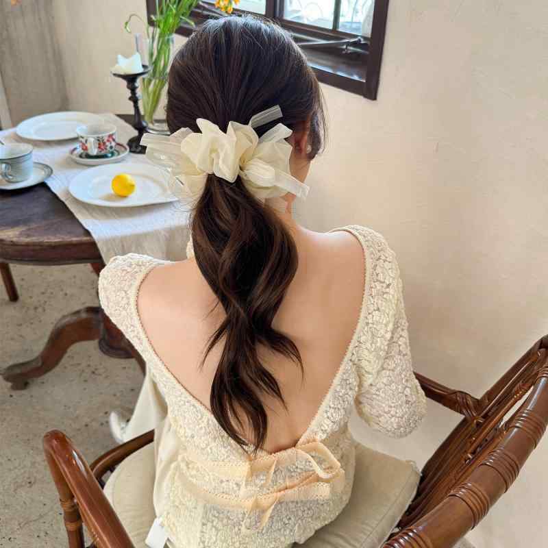 ヘアアクセサリー レディース シュシュ バレエ風 髪飾り 髪留め ボリューム 韓国風 シフォン 蝶結び ヘアゴム グレー ブラック ベージュ オフホワイト 高弾力 清新 甘め 形状/模様