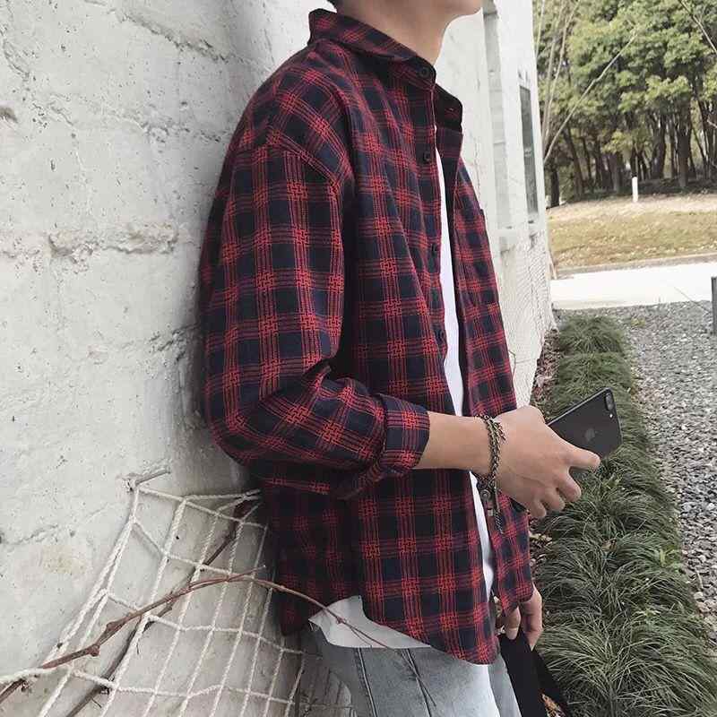 シャツ メンズ 長袖 春秋 格子柄 トップス 韓国風 カジュアル 薄手 学生 普段使い 赤 紺 グレー