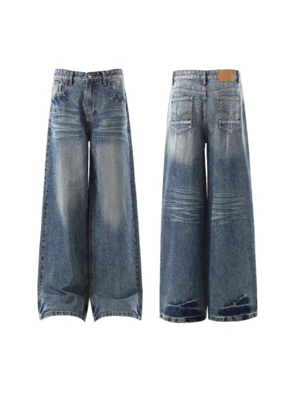 Long-Trousers, Trousers - デニム メンズ 水洗加工 ストレート ジーンズ ダメージ加工 ワイドレッグ ジーパン 綿 春夏 カジュアル レトロ アメカジ