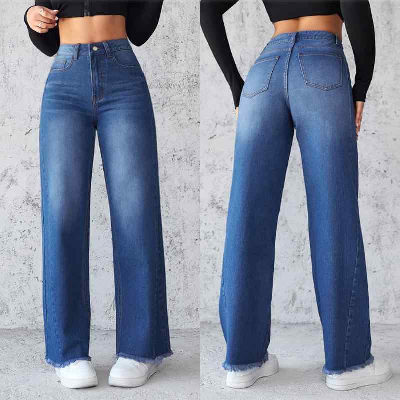 Long-Trousers, Trousers - デニム レディース ストレート ワイドレッグ ジーンズ パンツ ハイウエスト 切り替え 欧美風 個性 ストリート系 ブルー ブラック グレー 浅ブルー デニムブルー ジーパン ズボン ボトムス