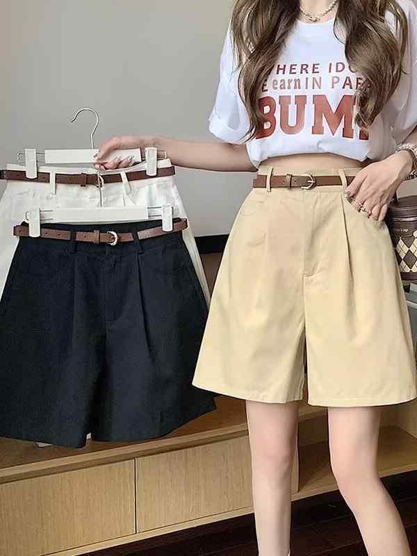 レディース ショートパンツ 高腰 接触冷感 ポリエステル 綿混 直筒 ワイドレッグ 5分丈 ミッドライズ 中厚 微弾性 ブラック ホワイト カーキ 夏 秋 韓国風 ゆったり 快適 普段使い 軽量 吸湿速乾 通勤 カジュアル デイリー ビッグシルエット 動