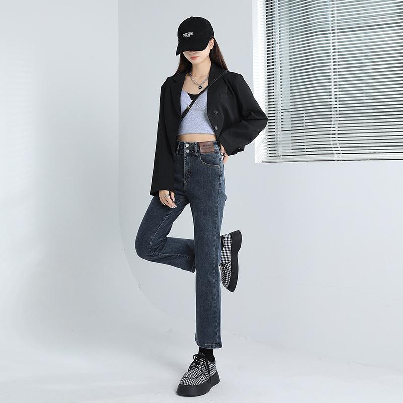 デニムパンツ 女性用 直筒 高腰 ストレッチ 綿混 弾力 スリムフィット クロップド 九分丈 ミッドウェイト ボタン 韓国風 カジュアル デイリー 快適 フィット感 ブルーグレー ブラック ヴィンテージブルー ハイウエスト ゆったりシルエット 普段使い