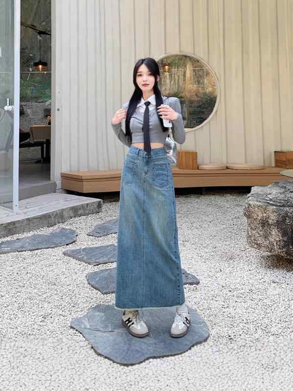 乐天商城 - デニムスカート レディース 春夏 レトロ Aライン スリット ミモレ丈 ポケット付き かわいい ガーリー カジュアル