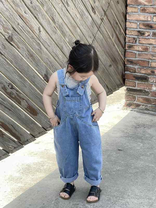 Girls' Denim Overalls/Pants, Summer Wear, Light Color, Cute Jeans, Ages 3, 4, 5, 6, 7, 8, Grade B, 80% Cotton, Sizes 100cm, 110cm, 120cm, 130cm, 140cm