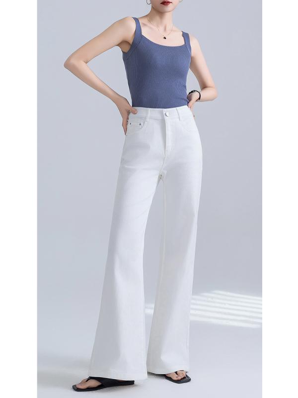 Long Pants - ジーンズ レディース 高身長 高見え ワイドパンツ 薄手 ゆったり 伸縮性 微フレア オフホワイト デニム