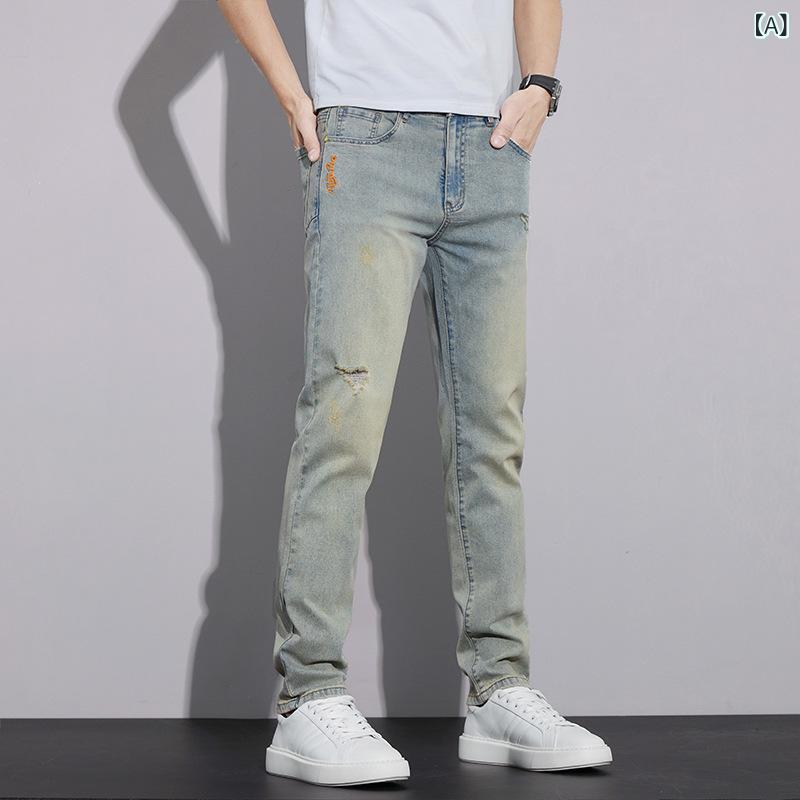 ジーンズ メンズ ストレート デニムパンツ ダメージ加工 伸縮性 薄手 レギュラーフィット カジュアル ヴィンテージ ブルー(4.0)