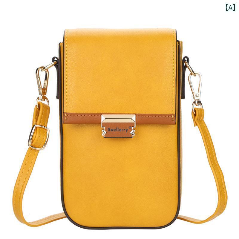 スマホ ケース バッグ 女性用 ミニ ショルダーバッグ ファッション 財布 付き 黄色 紫色 ブルー ブラック ピンク ブラウン ライトピンク ベージュ カラー バリエーション PU素材 合成革 縦型 方形 形状 磁扣 開閉 携帯ポケット カードスロット