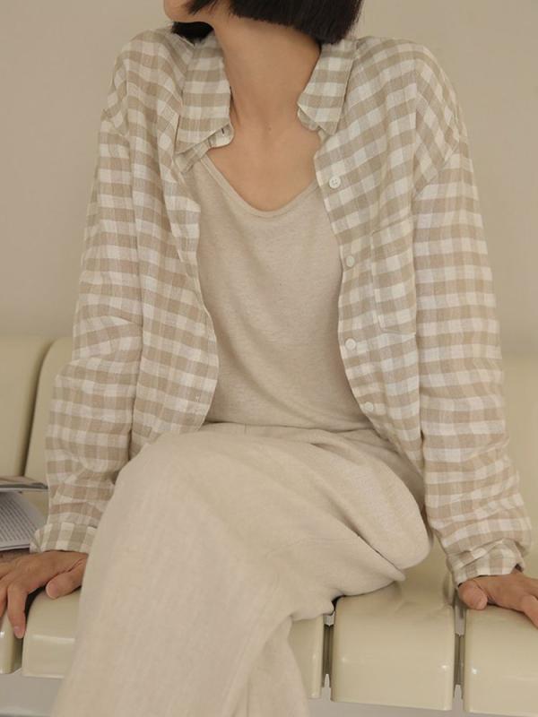 シャツ レディース 綿麻 格子柄 ポケット 翻領 長袖 短丈 ゆったり ルーズフィット ワイドシルエット 日韓カジュアル 快適 砂洗加工 セットインスリーブ シングルブレスト ボタン 春夏 麻杏色 グレー系 ブラック系 吸湿性 通勤 普段使い 軽量