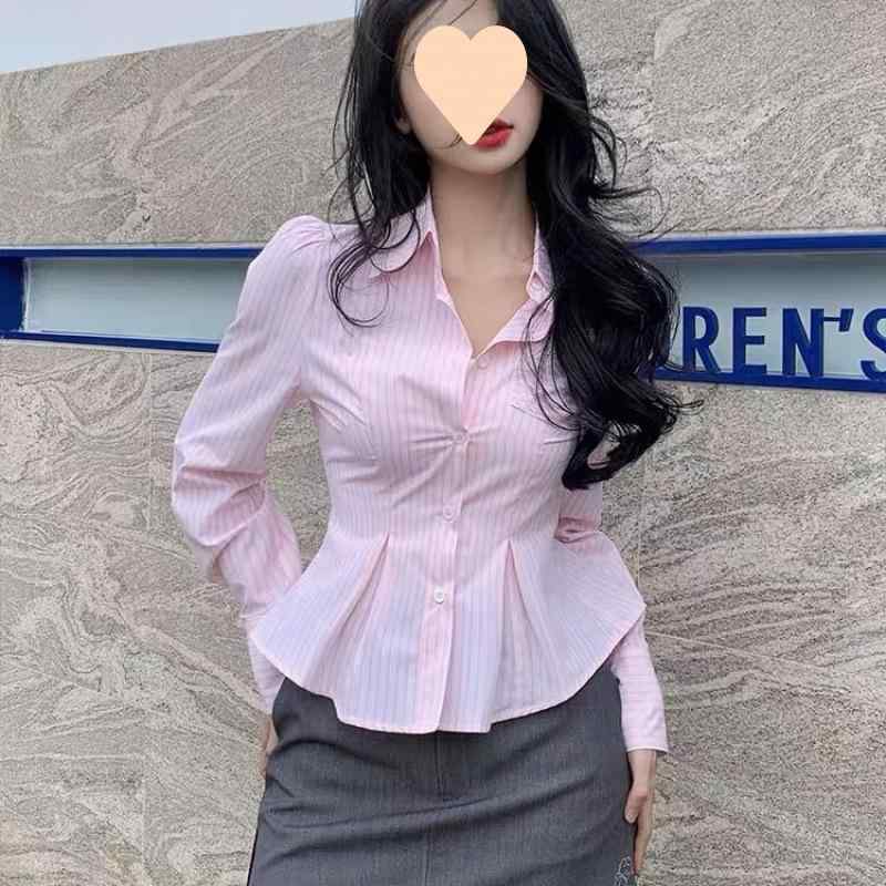 乐天商城 - 長袖 シャツ 女性用 ピンク 秋冬 通勤 修身 収腰 フレンチストライプ ポリエステル 軽量 吸湿速乾 ビッグシルエット ポロカラー シングルブレスト 都市スタイル かわいい トップス 普段使い