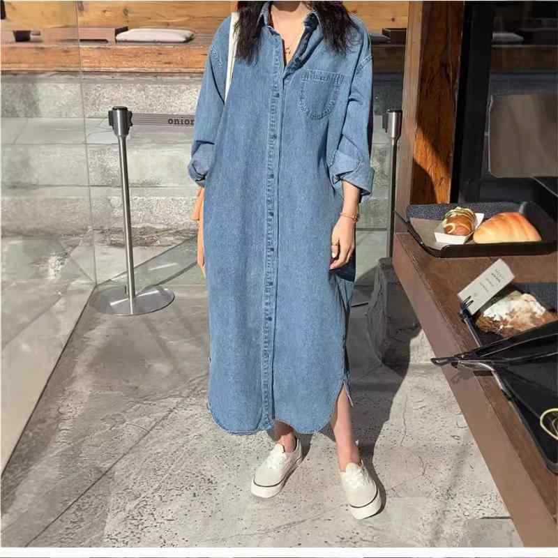 ワンピース 女性用 秋冬 日韓風 ゆったり ラフ デニム ロングドレス ゆったり腰 切り替え Vネック 長袖 軽量 伸縮性 吸湿速乾 コットン ポリエステル ミックス ライトブルー ダークブルー ゆったりシルエット 体型カバー スリム効果 快適カジュアル