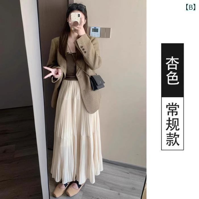スカート 女性用 春夏 ハイウエスト スリムライン 大きめスカート裾 薄手 ポリエステル 微弾性 Aライン 中長丈 プリーツ 切り替え かわいい 普段使い 通勤 軽量 吸湿速乾 白色 杏色 紫色 デイリー カジュアル 韓国風 ソフト フレア コットンライ e-myshop-10920859 イーマイショップ サンプル画像3