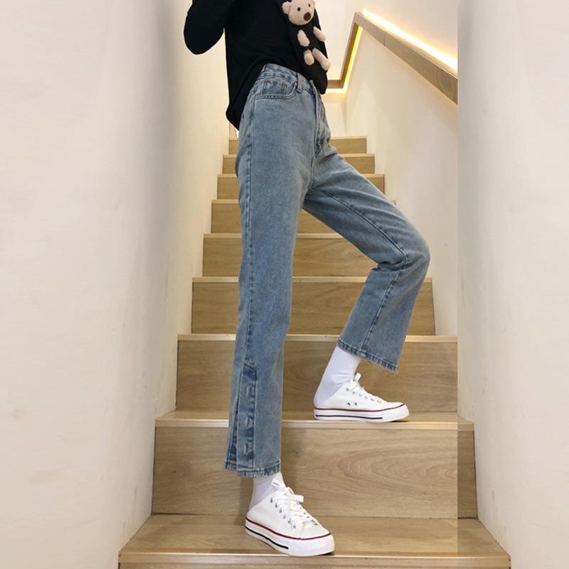 樂天商城 - ジーンズ 女性用 ぽっちゃり対応 秋冬 高腰 直筒 スリット デニムパンツ ブルー 長丈 通勤 気質 洗い加工 ボタン ジッパー コットン ポリエステル 中厚 ノンストレッチ イージーケア
