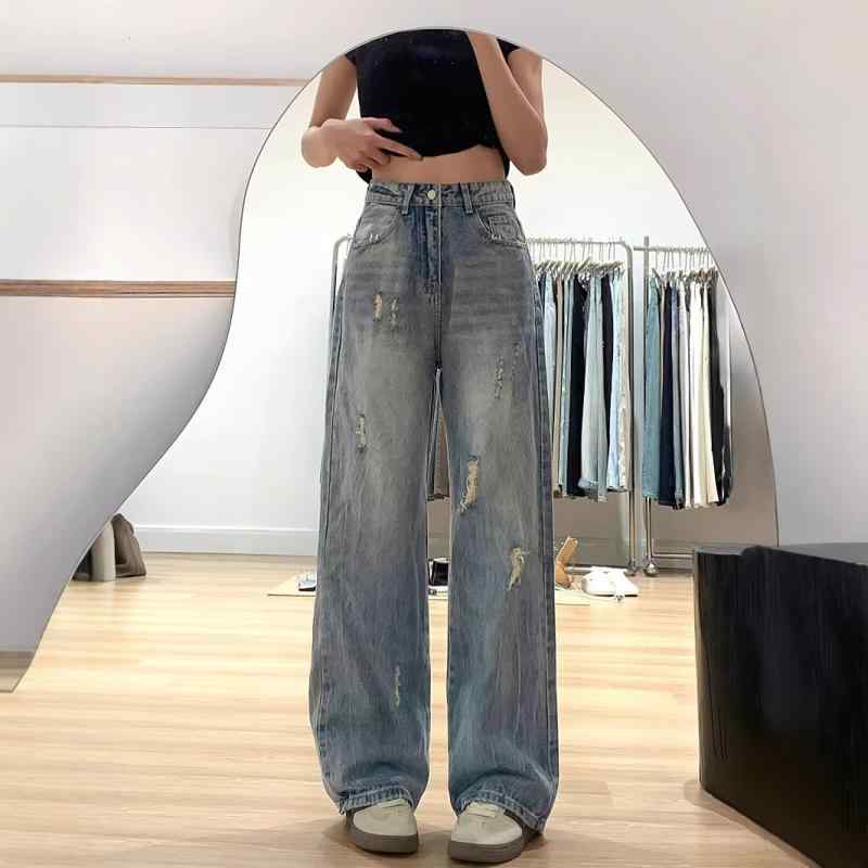 Long Pants - ジーンズ レディース 大きいサイズ ゆったり ストレート デニムパンツ ハイウエスト 破れ加工 ダメージ加工 ジーパン ロングパンツ ズボン ボトムス カジュアル 通勤 通学 普段使い 薄手 綿