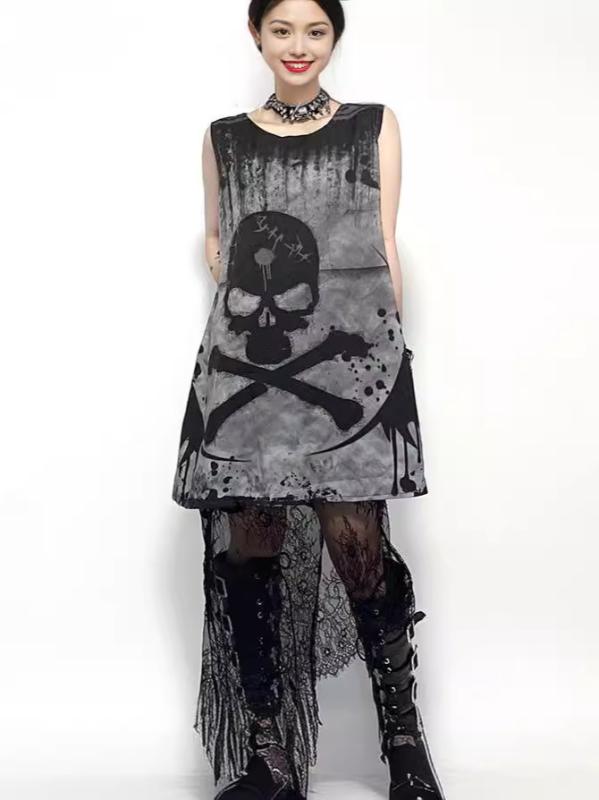Other - ワンピース レディース ゴシック パンク ロック ドクロ スカル ノースリーブ チュニック Tシャツ 接触冷感 ポリエステル ストリート カジュアル