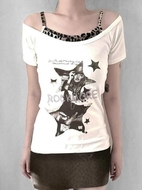 乐天商城 - Tシャツ レディース Y2K ヒョウ柄 レイヤード風 トップス レトロプリント 半袖 カットソー スリムフィット 肩出し ストリート 接触冷感 モダール