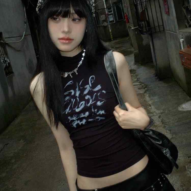 Other - Tシャツ レディース ノースリーブ カットソー モダール混紡 シェニール素材 スリムフィット ポロ襟 ブラック 御姐風