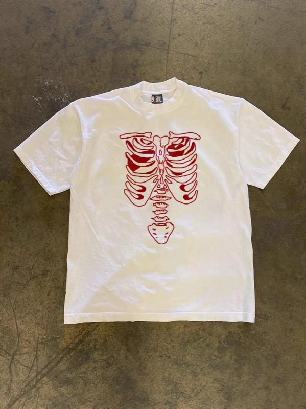 Short Sleeves - Tシャツ 男女兼用 ヘビーウェイト コットン 赤骨格プリント オーバーサイズ 半袖 Y2K ゆったり 通気性 ホワイト ブラック
